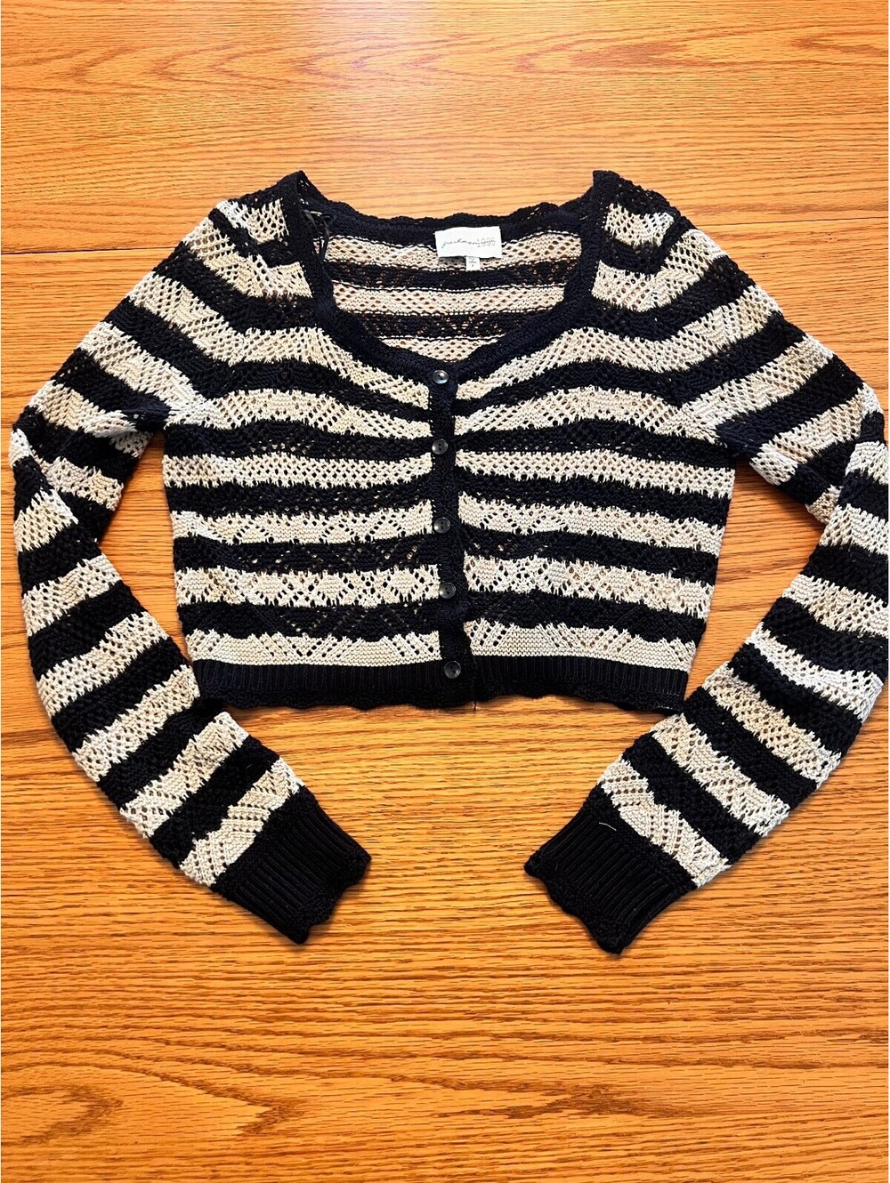 Freshman 1996 Black and Cream Striped Cropped Cardigan Sweater Small